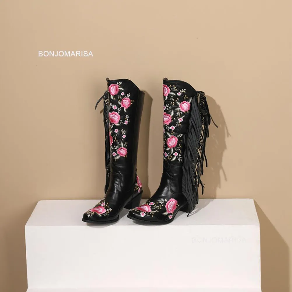 2023 Brand New High Heeled Women Knee High Western Boots Pointed Toed Fringed Flower Zip Spring Autumn Lady Shoes