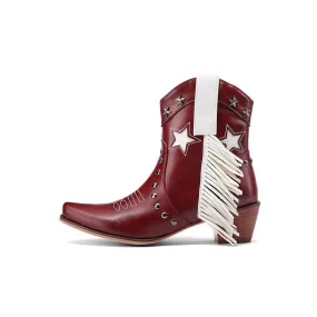 2023 Brand New High Heeled Women Western Ankle Boots Pointed Toed Zip Fringed Star Nail Decor Spring Autumn Shoes