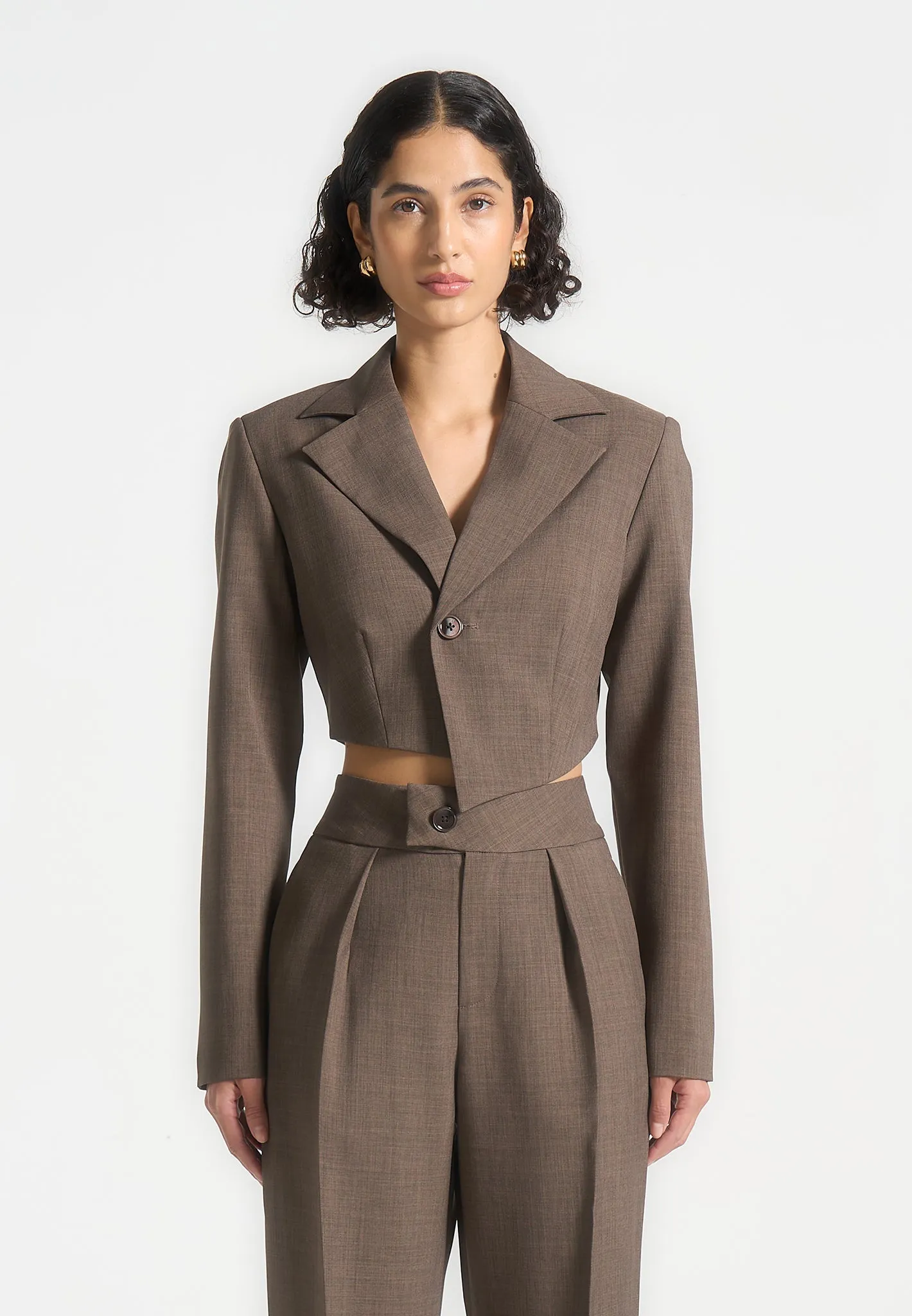 Asymmetric Tailored Cropped Blazer - Dark Taupe