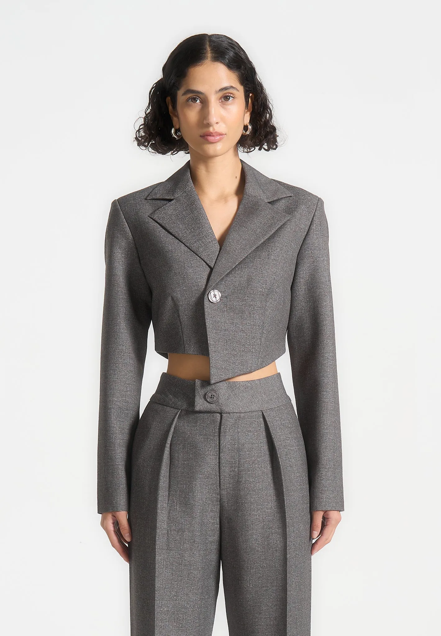 Asymmetric Tailored Cropped Blazer - Grey Marl