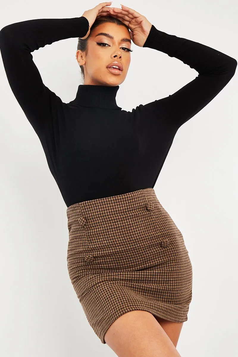 Brown Houndstooth Button Mini Skirt - Ruthie