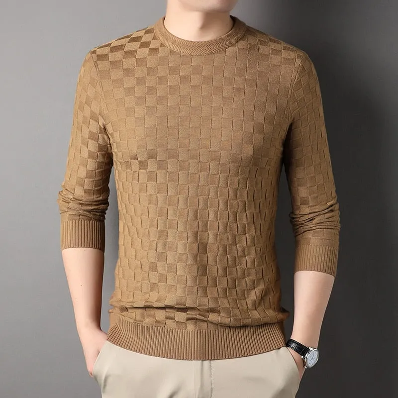 Casual Men's Plaid Thick Winter Warm Knitted Cashmere Pullover Sweater