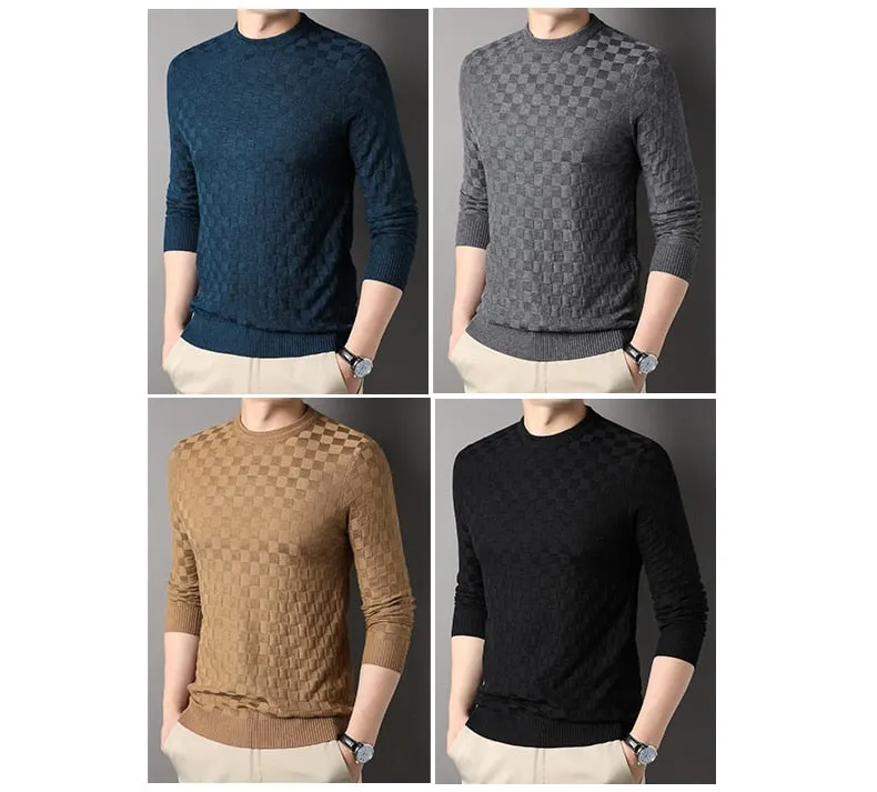 Casual Men's Plaid Thick Winter Warm Knitted Cashmere Pullover Sweater