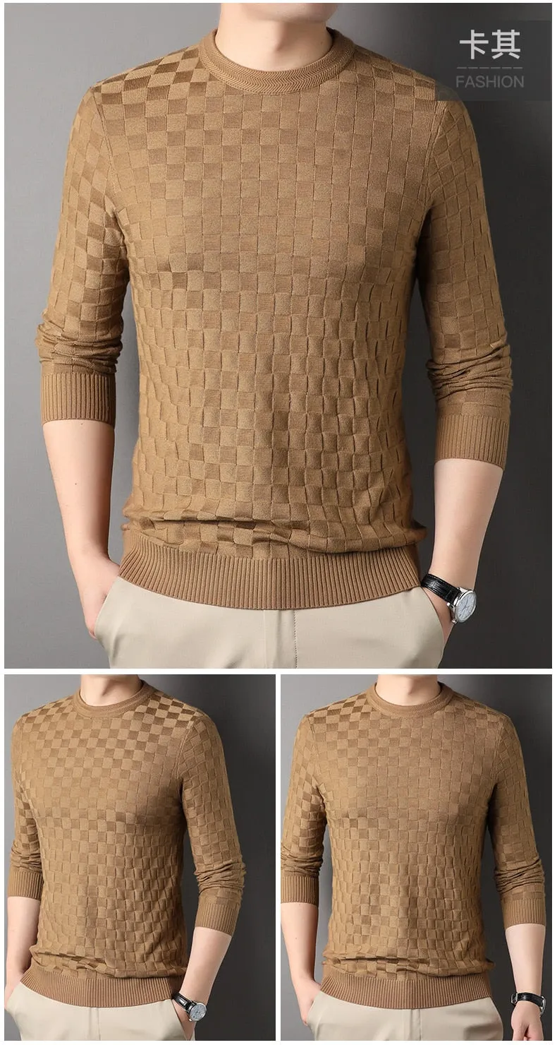 Casual Men's Plaid Thick Winter Warm Knitted Cashmere Pullover Sweater