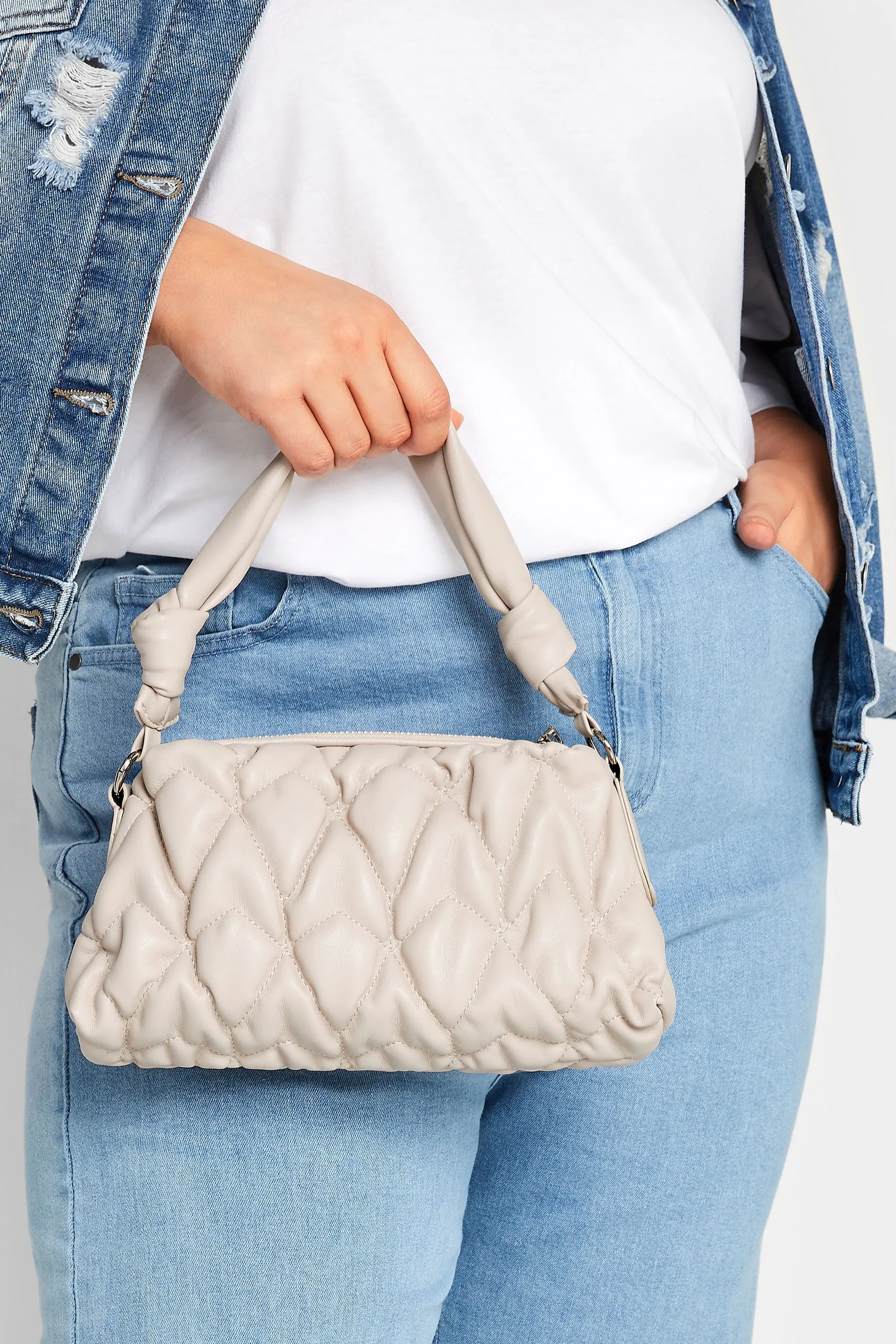 Cream Quilted Knot Strap Bag