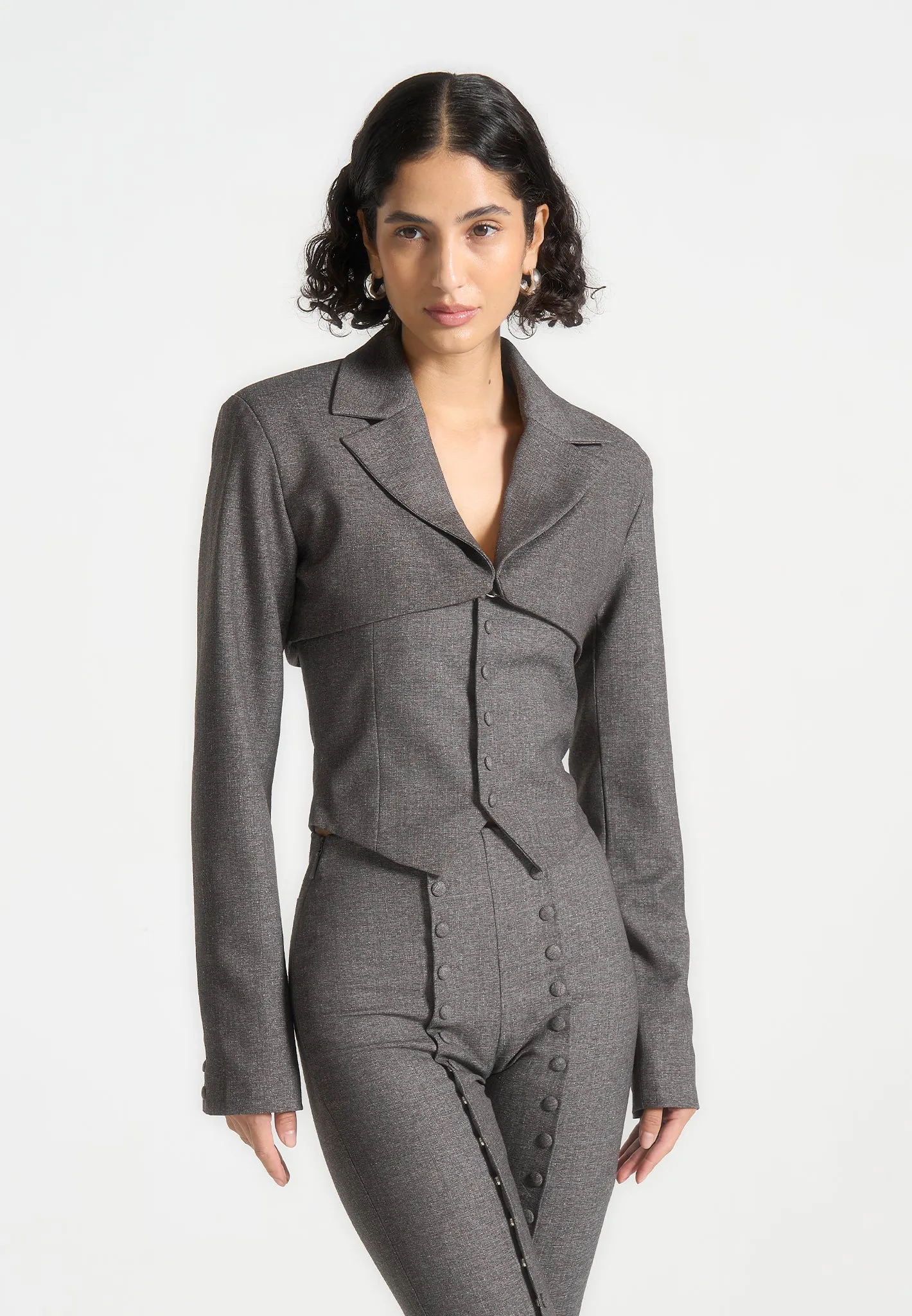 Cropped Tailored Blazer & Button Detail Bandeau - Dark Grey