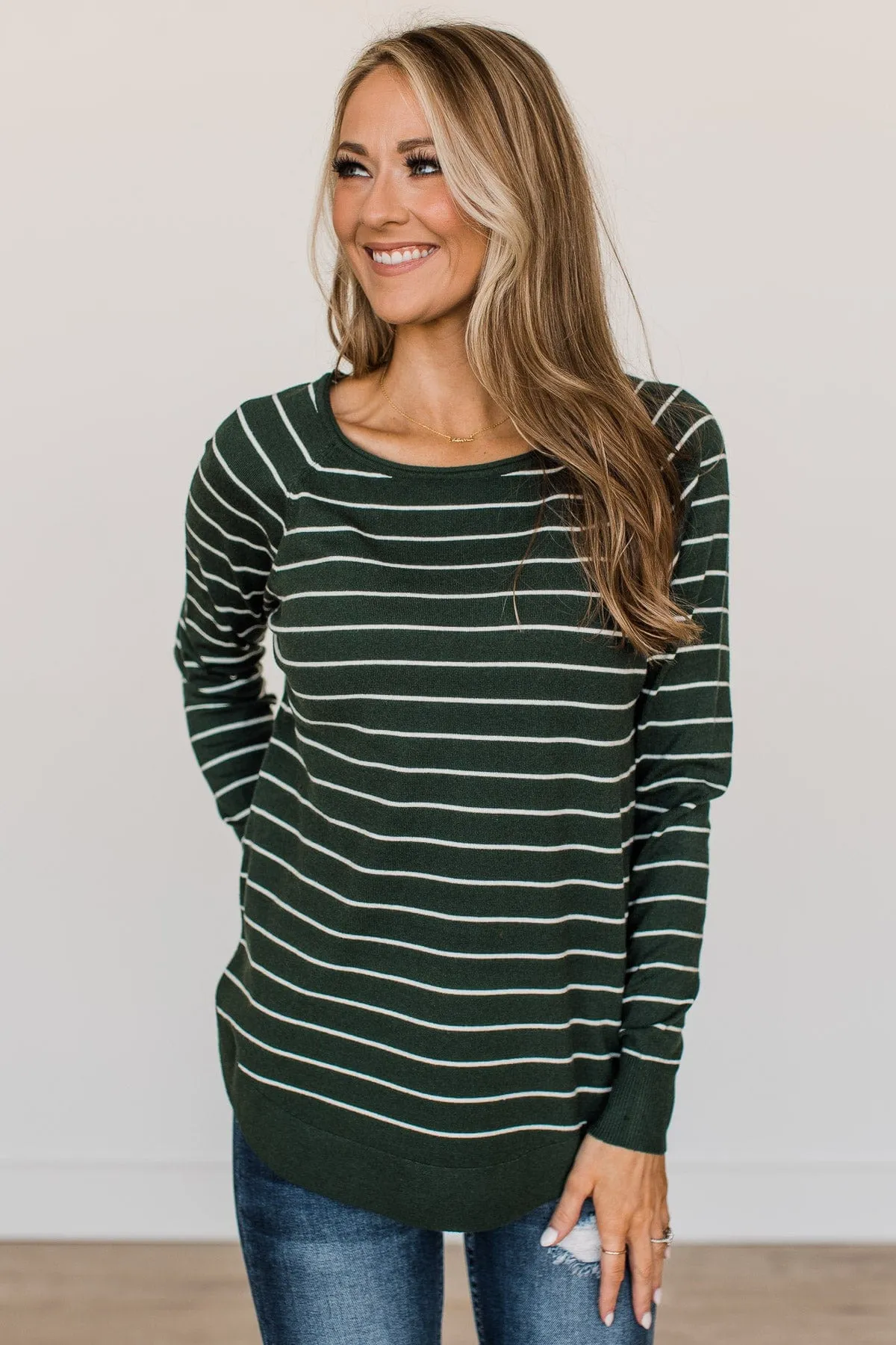 Days Like These Striped Knit Sweater- Forrest Green & Ivory