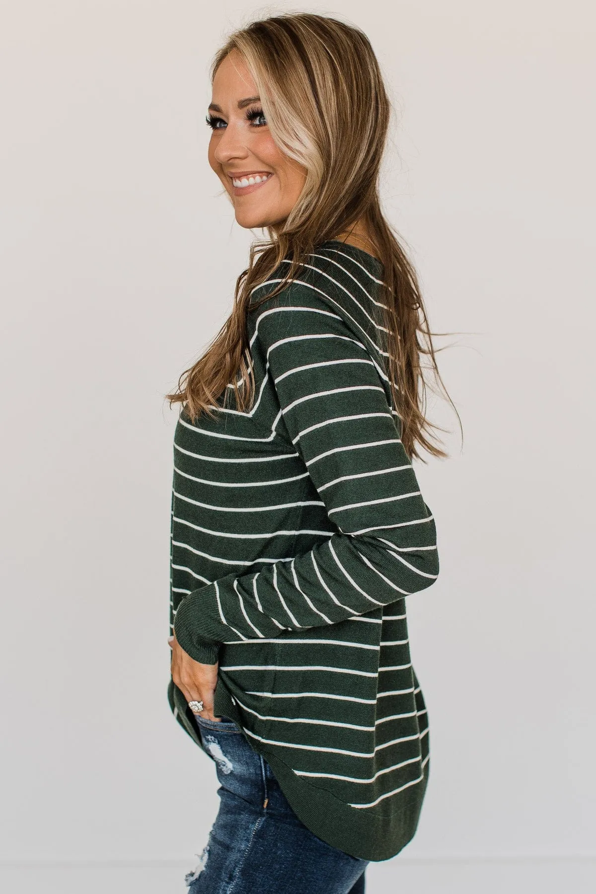 Days Like These Striped Knit Sweater- Forrest Green & Ivory