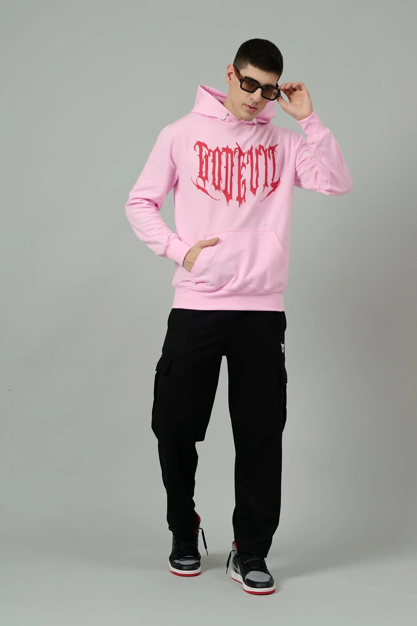 Designer Go Devil Printed Pink Hoodie for Men