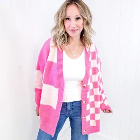 Don't Stop Me Now Oversized Pink Checkered Cardigan