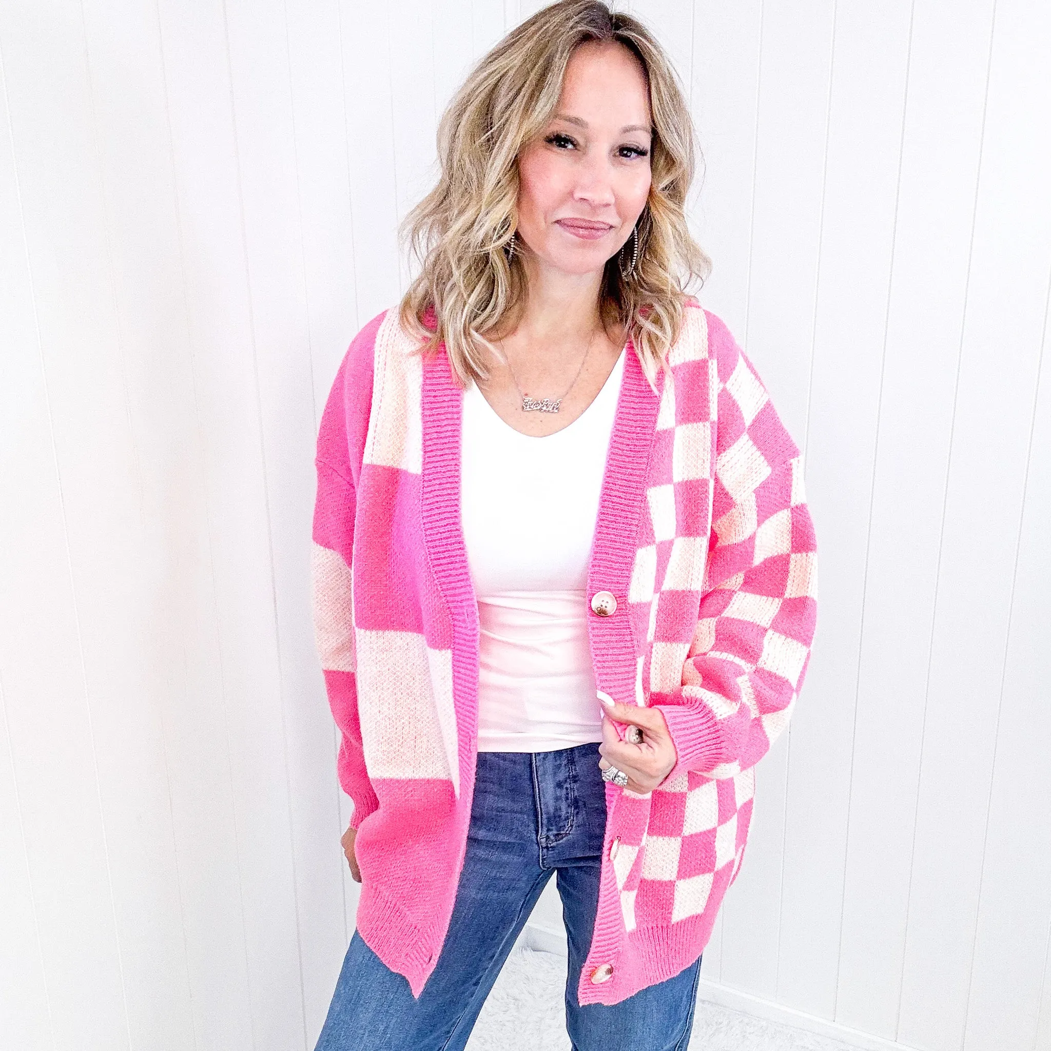 Don't Stop Me Now Oversized Pink Checkered Cardigan