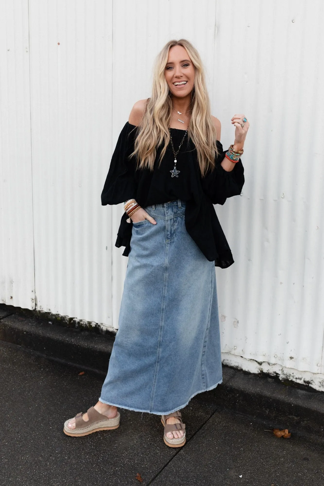 Drift Along Frayed Maxi Skirt - Denim