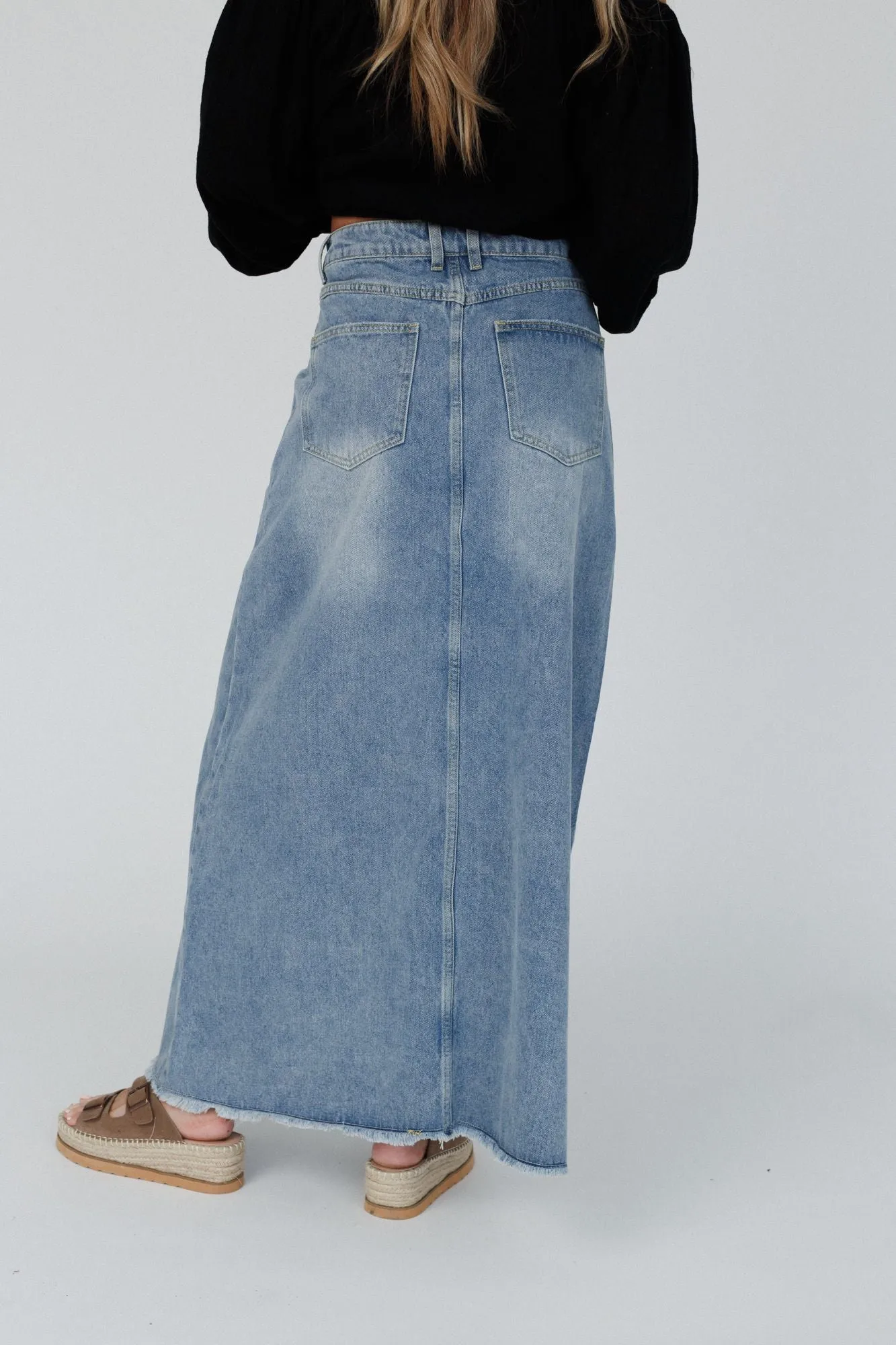 Drift Along Frayed Maxi Skirt - Denim