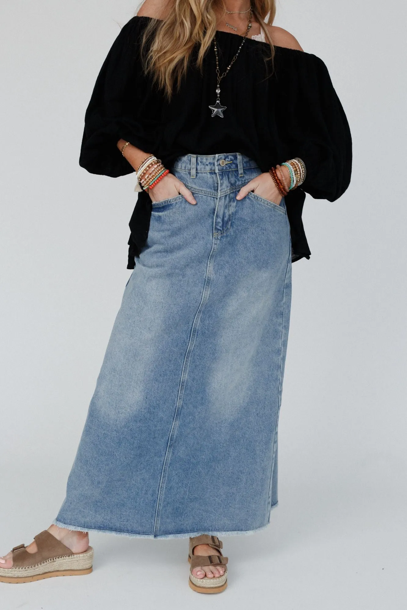 Drift Along Frayed Maxi Skirt - Denim