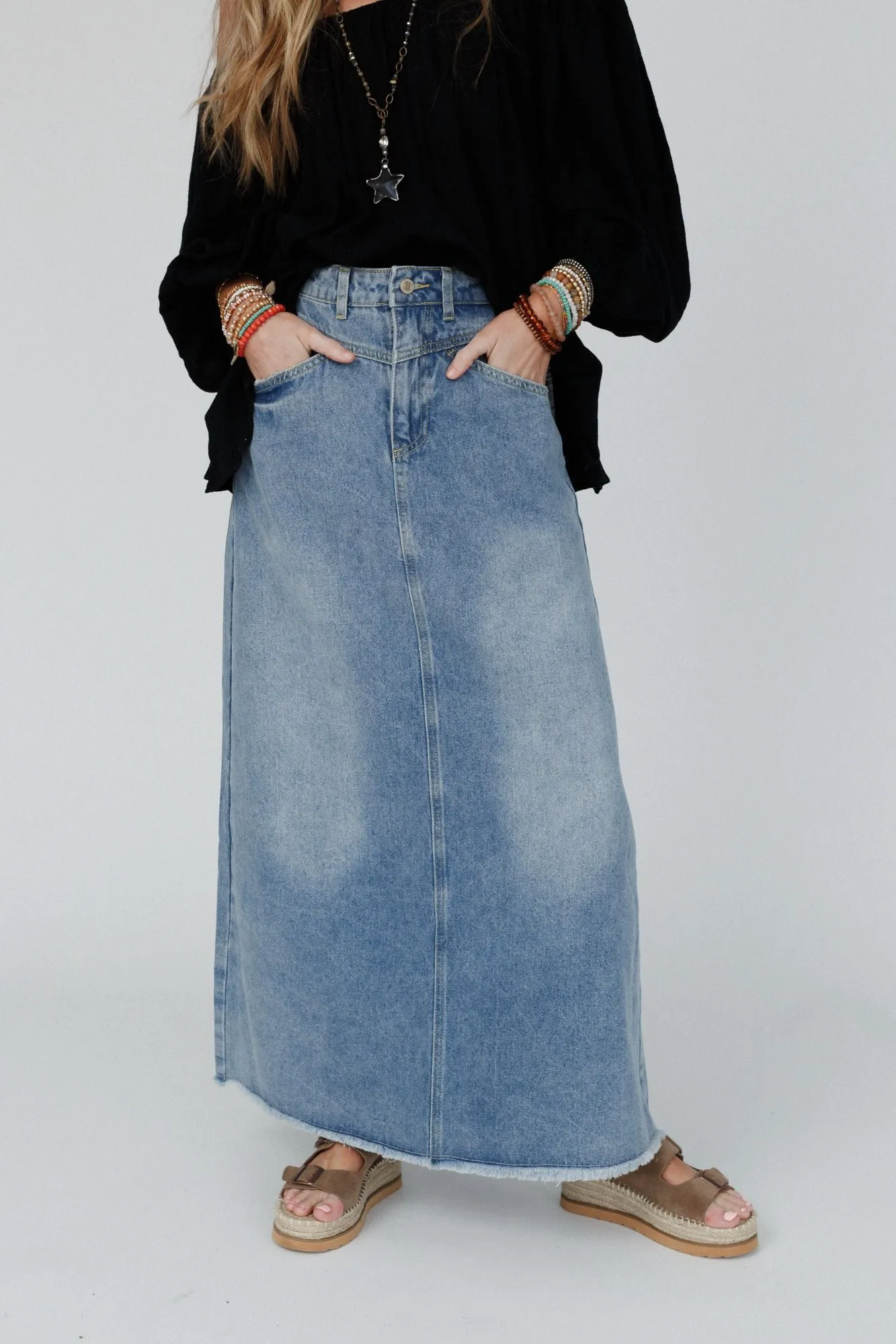 Drift Along Frayed Maxi Skirt - Denim