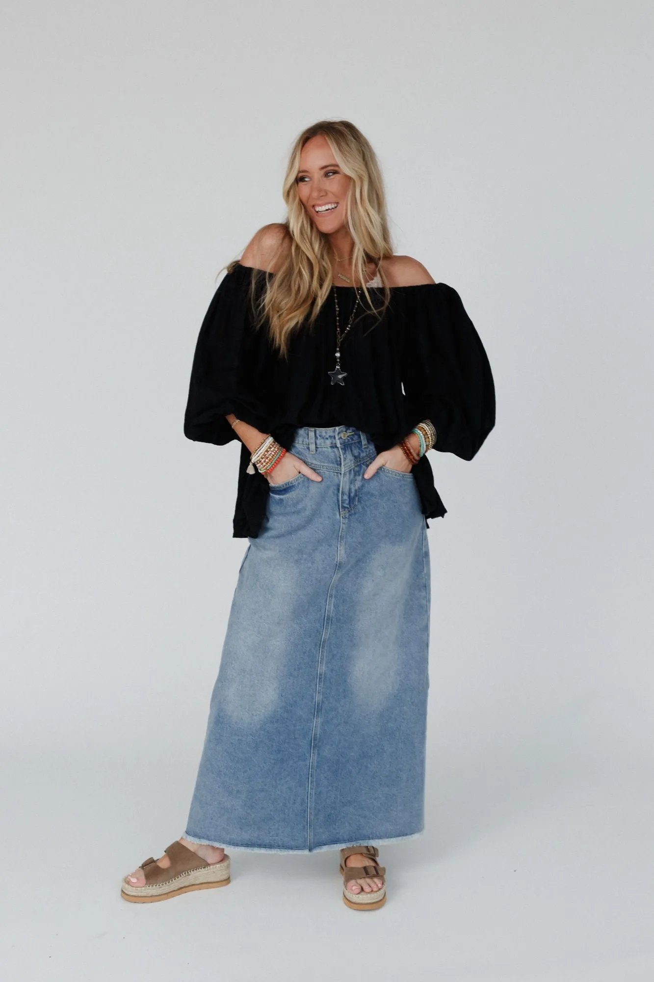 Drift Along Frayed Maxi Skirt - Denim