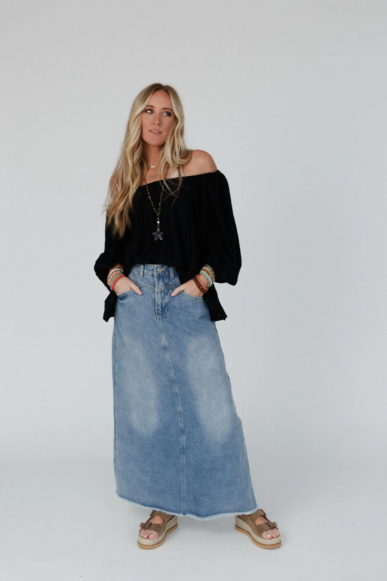 Drift Along Frayed Maxi Skirt - Denim