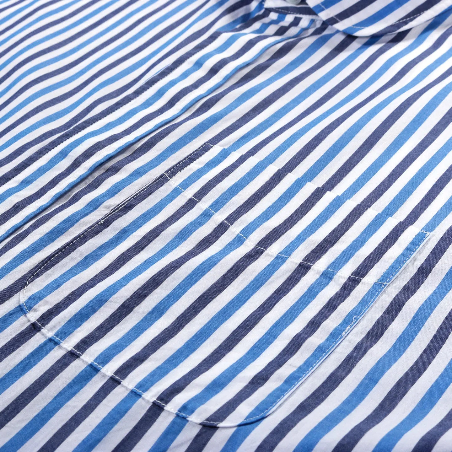 ENGINEERED GARMENTS ROUNDED COLLAR SHIRT NAVY / BLUE PIMA WIDE STRIPE