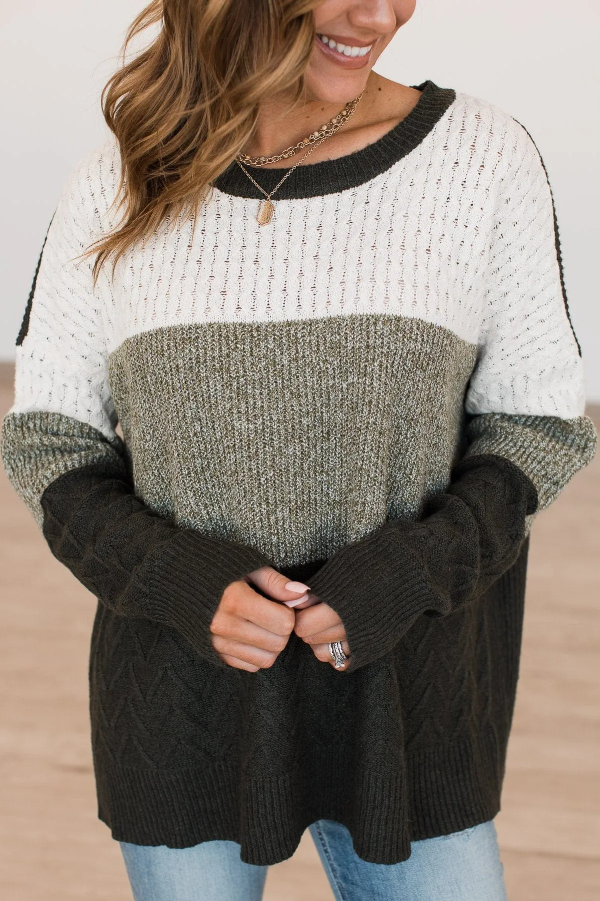 First Signs Of Fall Knit Sweater- Olive & Ivory