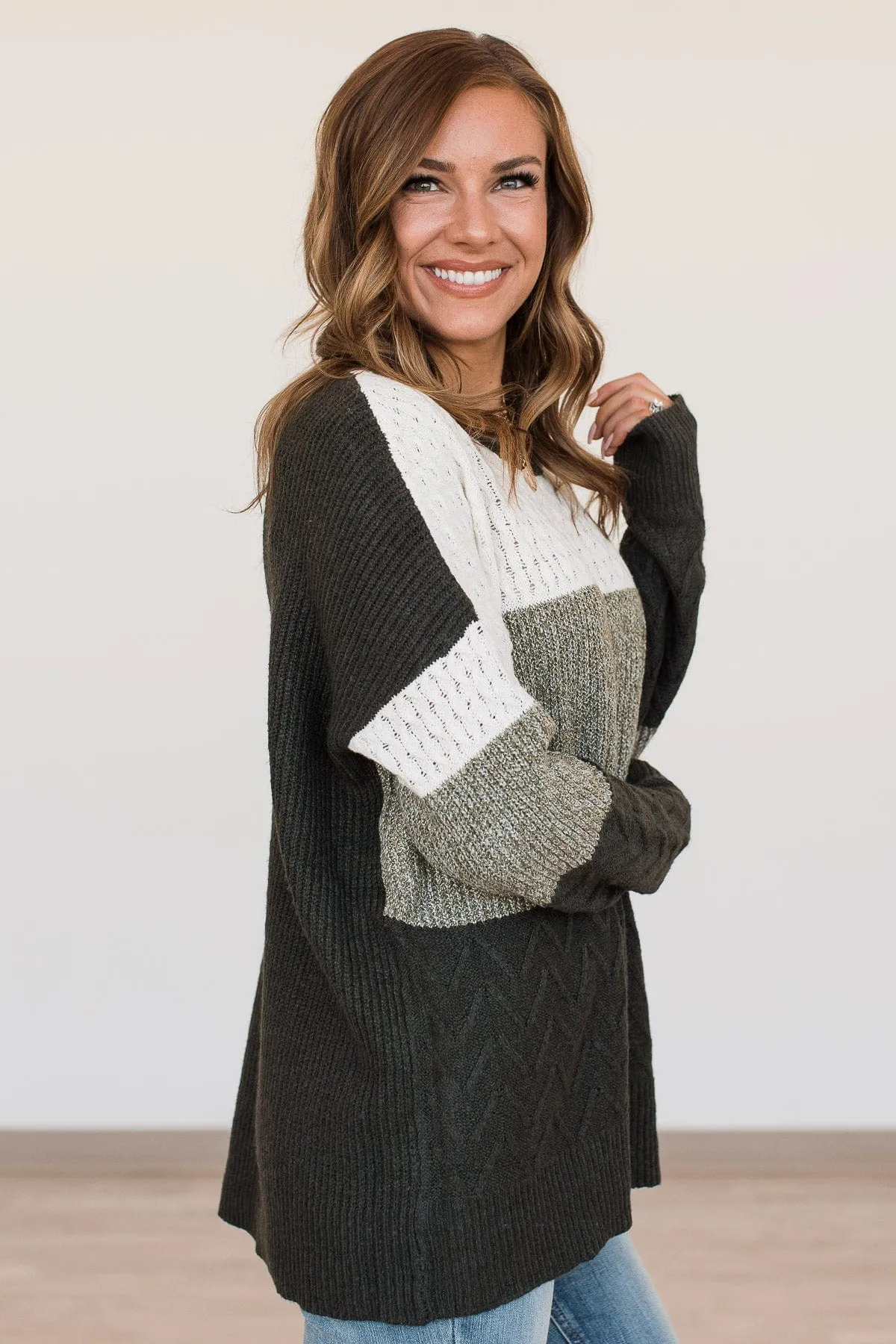 First Signs Of Fall Knit Sweater- Olive & Ivory