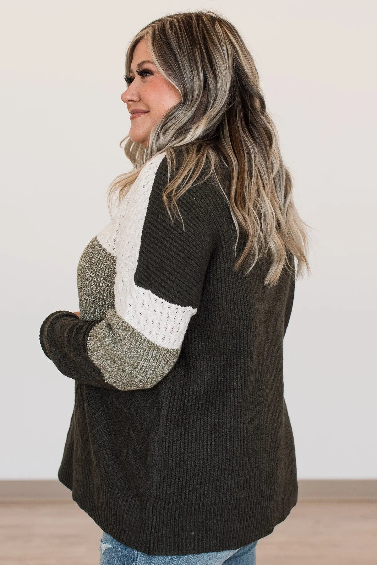 First Signs Of Fall Knit Sweater- Olive & Ivory