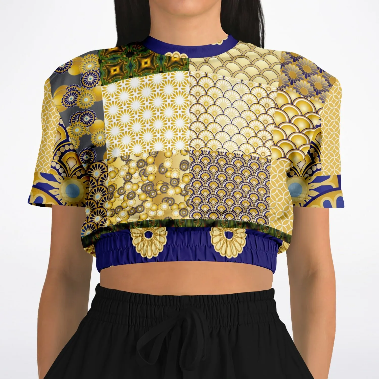 Forever Royale Floral Patchwork Short Sleeve Cropped Eco-Poly Sweater