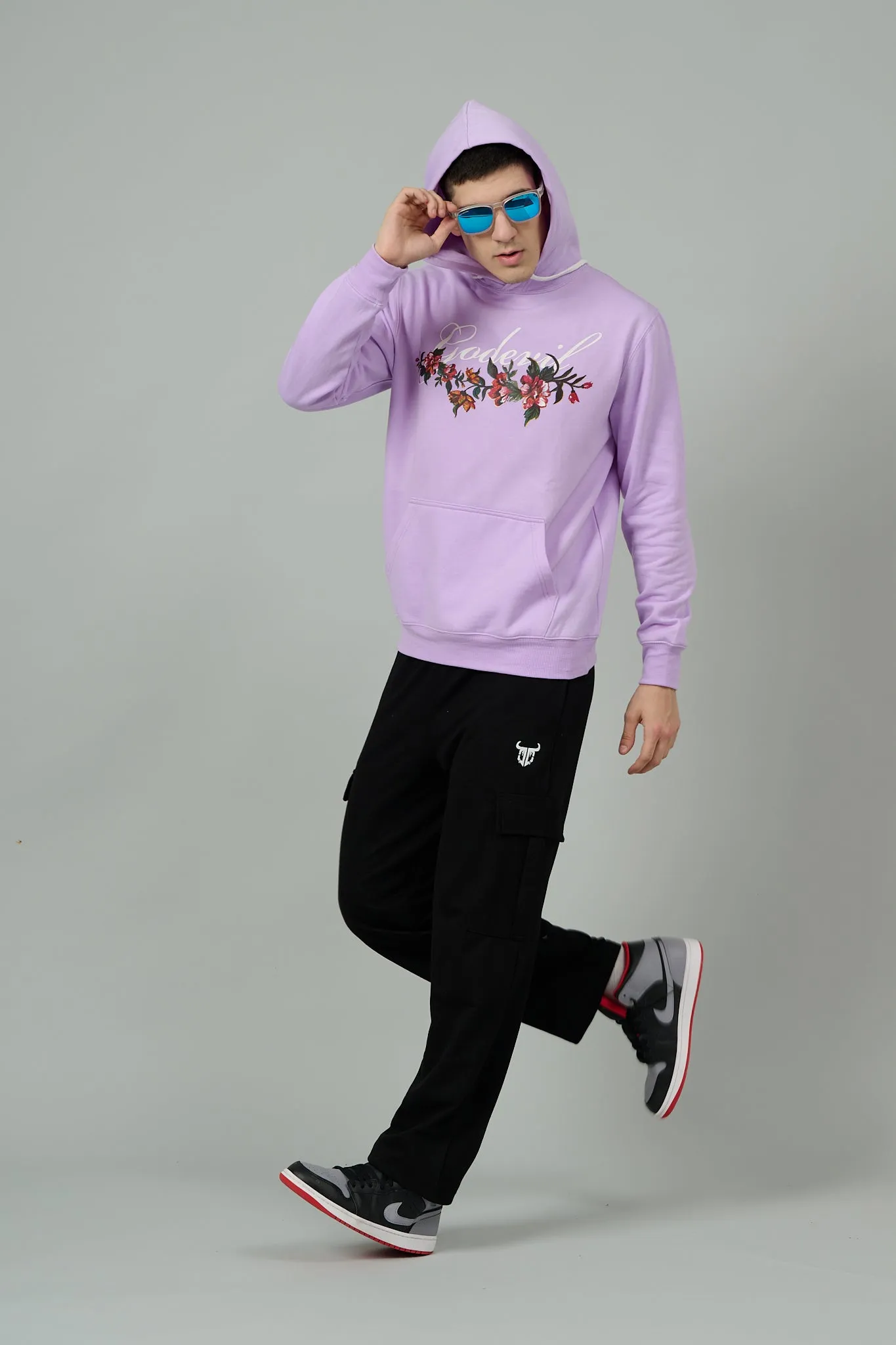 Go Devil with Flower Printed Purple Hoodie for Men