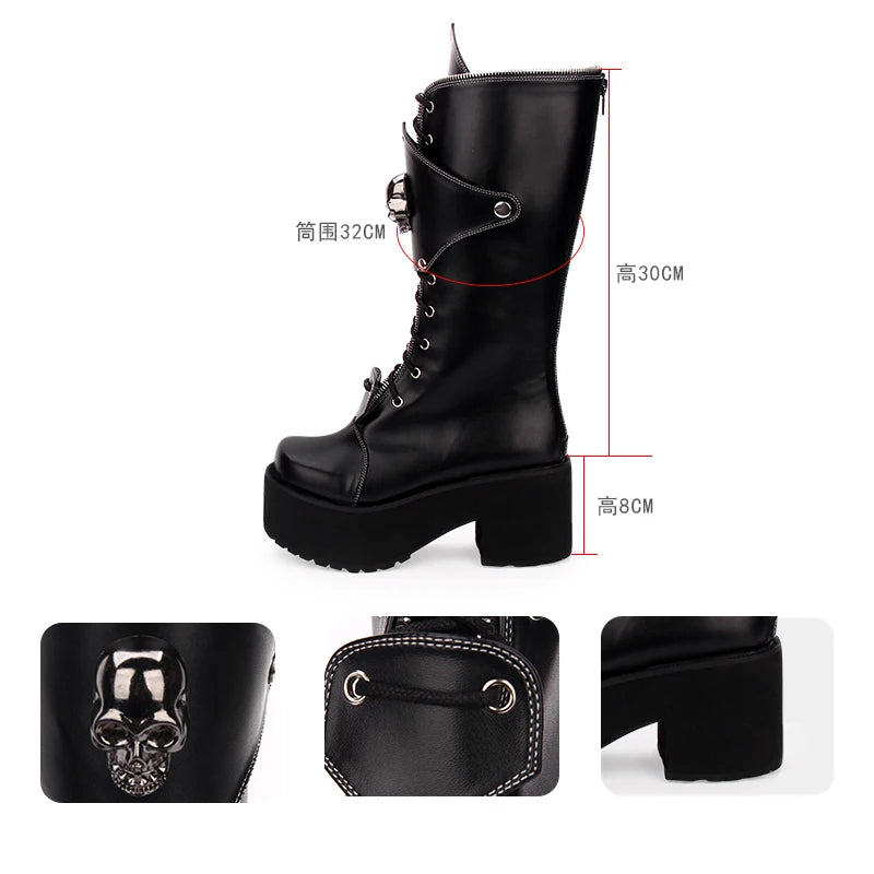 Gothic Punk High Thick Platform Chunky Heels Skull Lace-up Boots