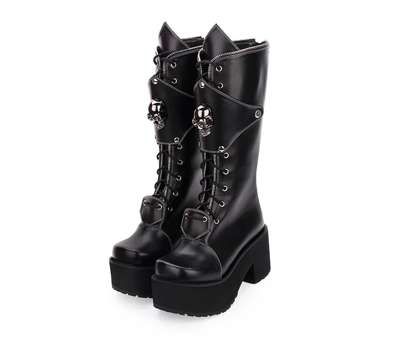 Gothic Punk High Thick Platform Chunky Heels Skull Lace-up Boots