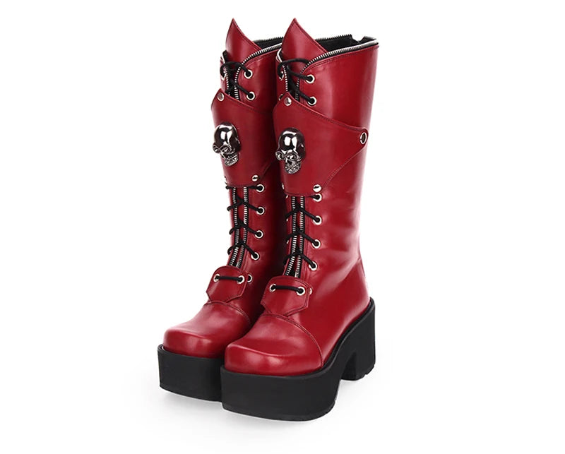 Gothic Punk High Thick Platform Chunky Heels Skull Lace-up Boots