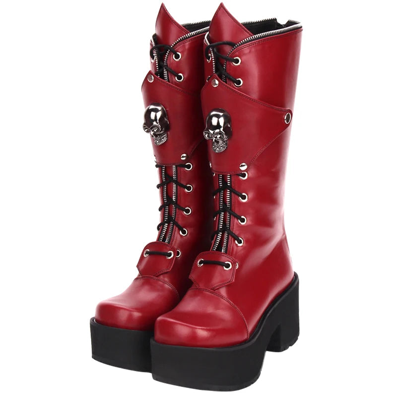 Gothic Punk High Thick Platform Chunky Heels Skull Lace-up Boots