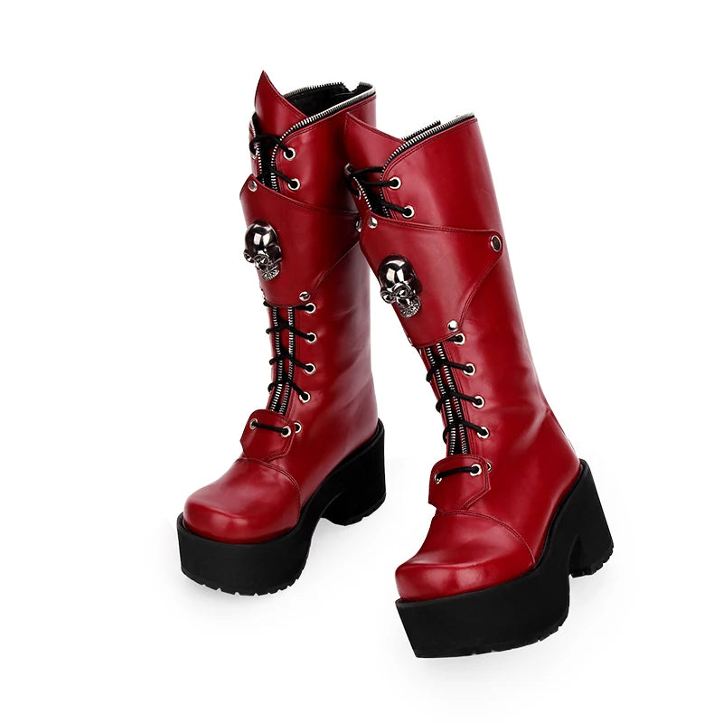 Gothic Punk High Thick Platform Chunky Heels Skull Lace-up Boots