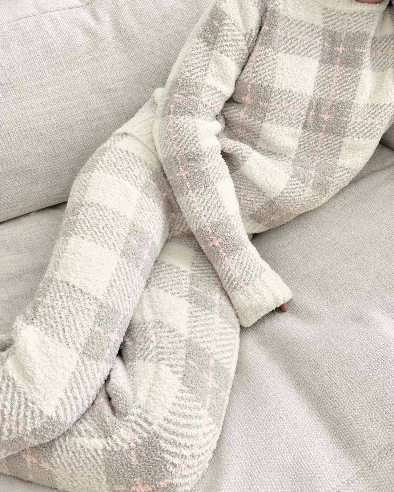 Grey Plaid Fuzzy Sweater PJ Set