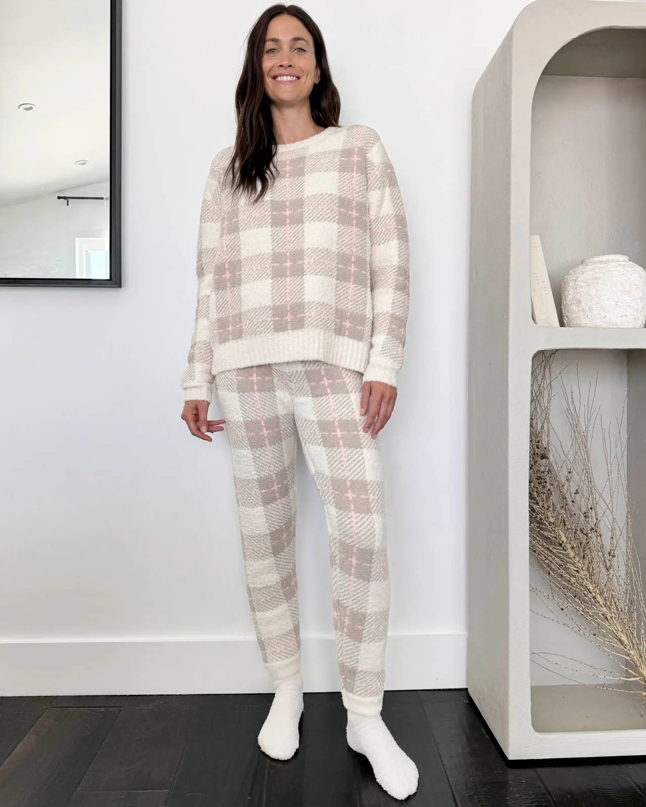 Grey Plaid Fuzzy Sweater PJ Set