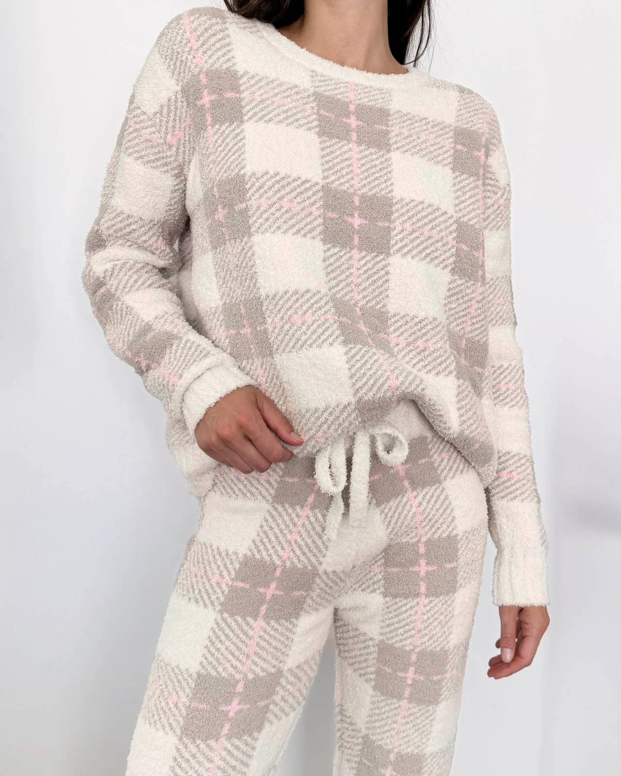 Grey Plaid Fuzzy Sweater PJ Set