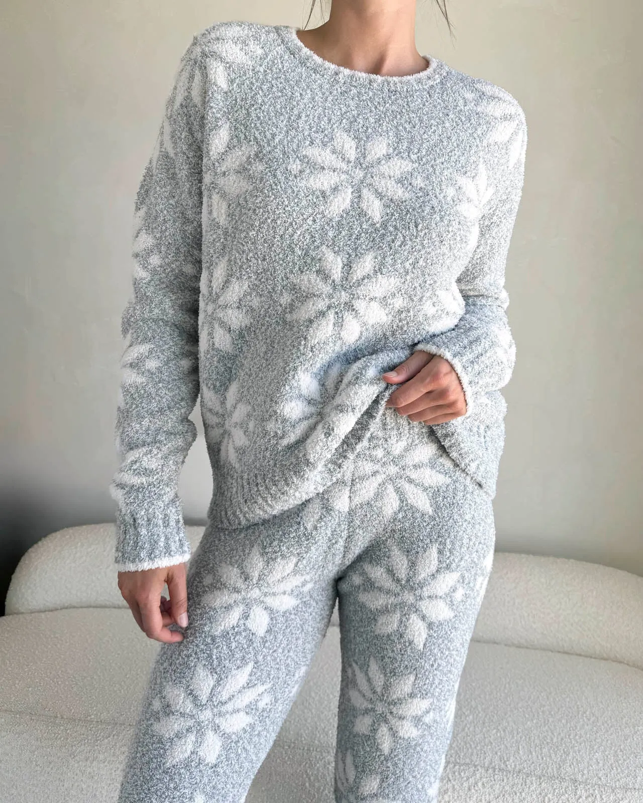 Grey Snowflake Fuzzy Sweater PJ Set