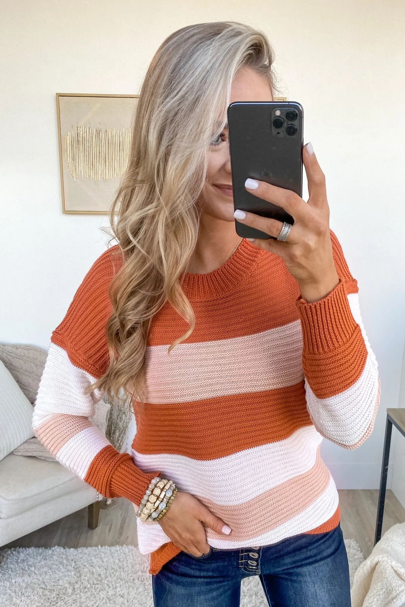 Hands In The Air Knit Sweater- Terracotta, Blush, Off White