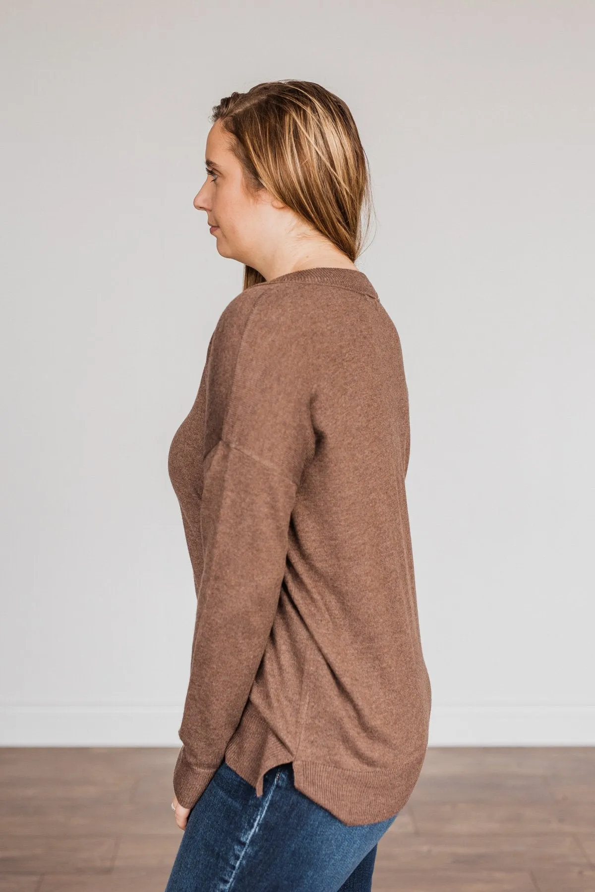 Hot Cocoa Heaven V-Neck Sweater- Dark Mocha