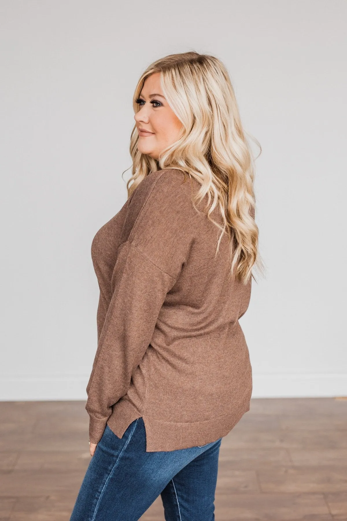 Hot Cocoa Heaven V-Neck Sweater- Dark Mocha