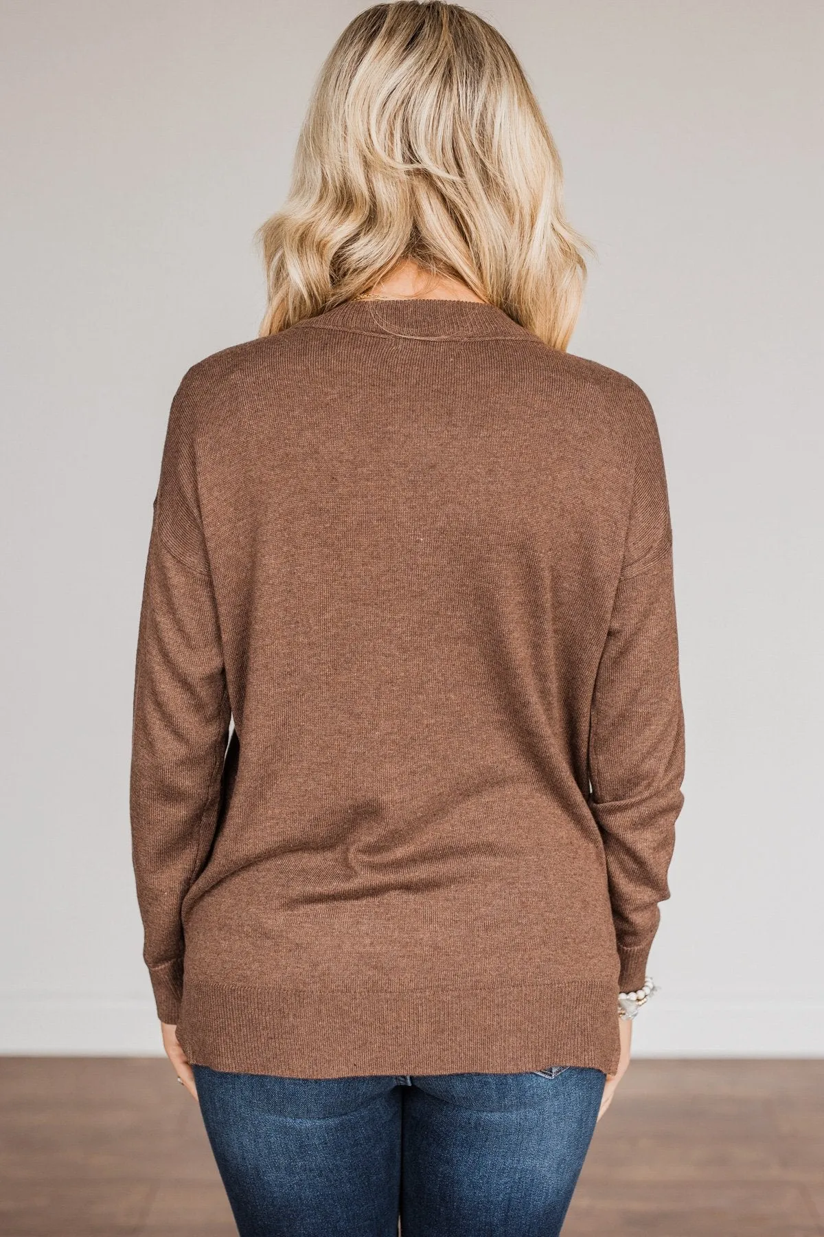 Hot Cocoa Heaven V-Neck Sweater- Dark Mocha