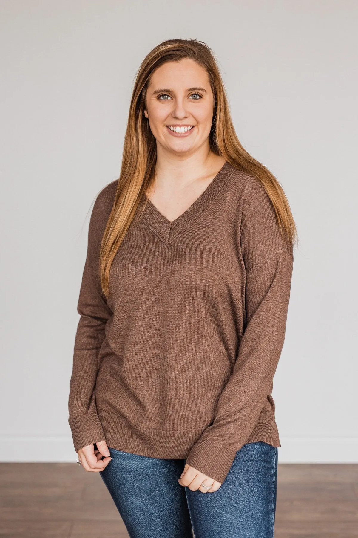 Hot Cocoa Heaven V-Neck Sweater- Dark Mocha