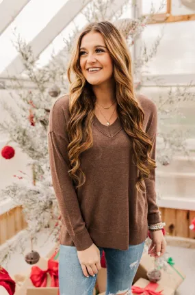 Hot Cocoa Heaven V-Neck Sweater- Dark Mocha