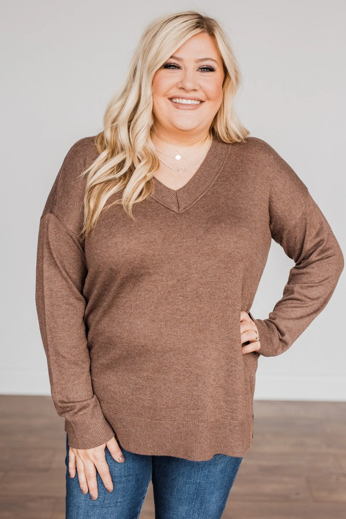 Hot Cocoa Heaven V-Neck Sweater- Dark Mocha