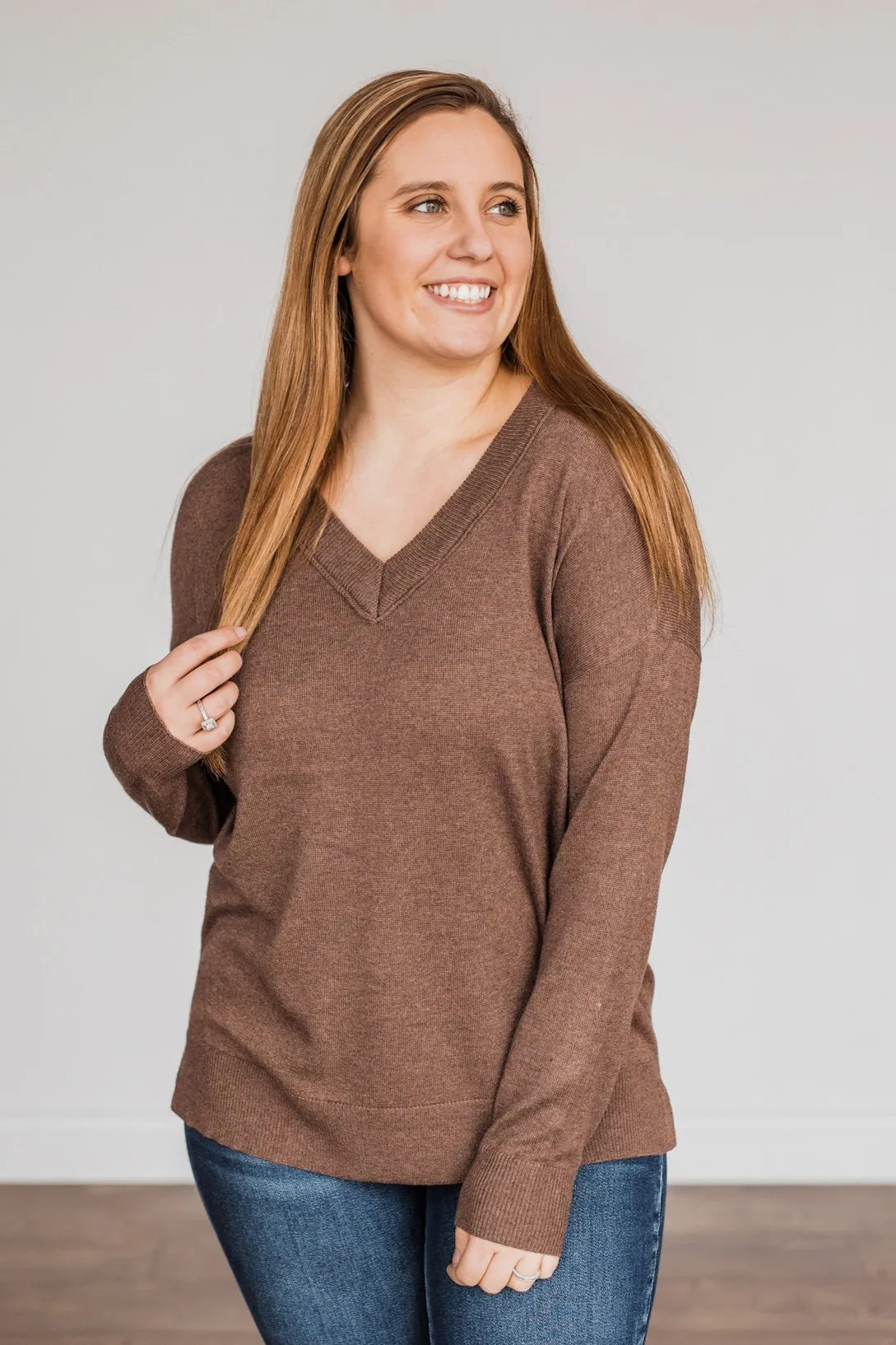 Hot Cocoa Heaven V-Neck Sweater- Dark Mocha