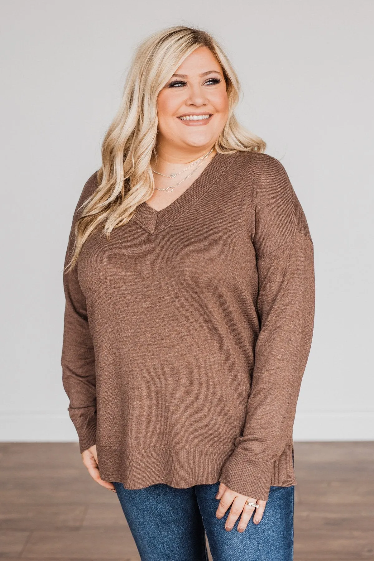 Hot Cocoa Heaven V-Neck Sweater- Dark Mocha