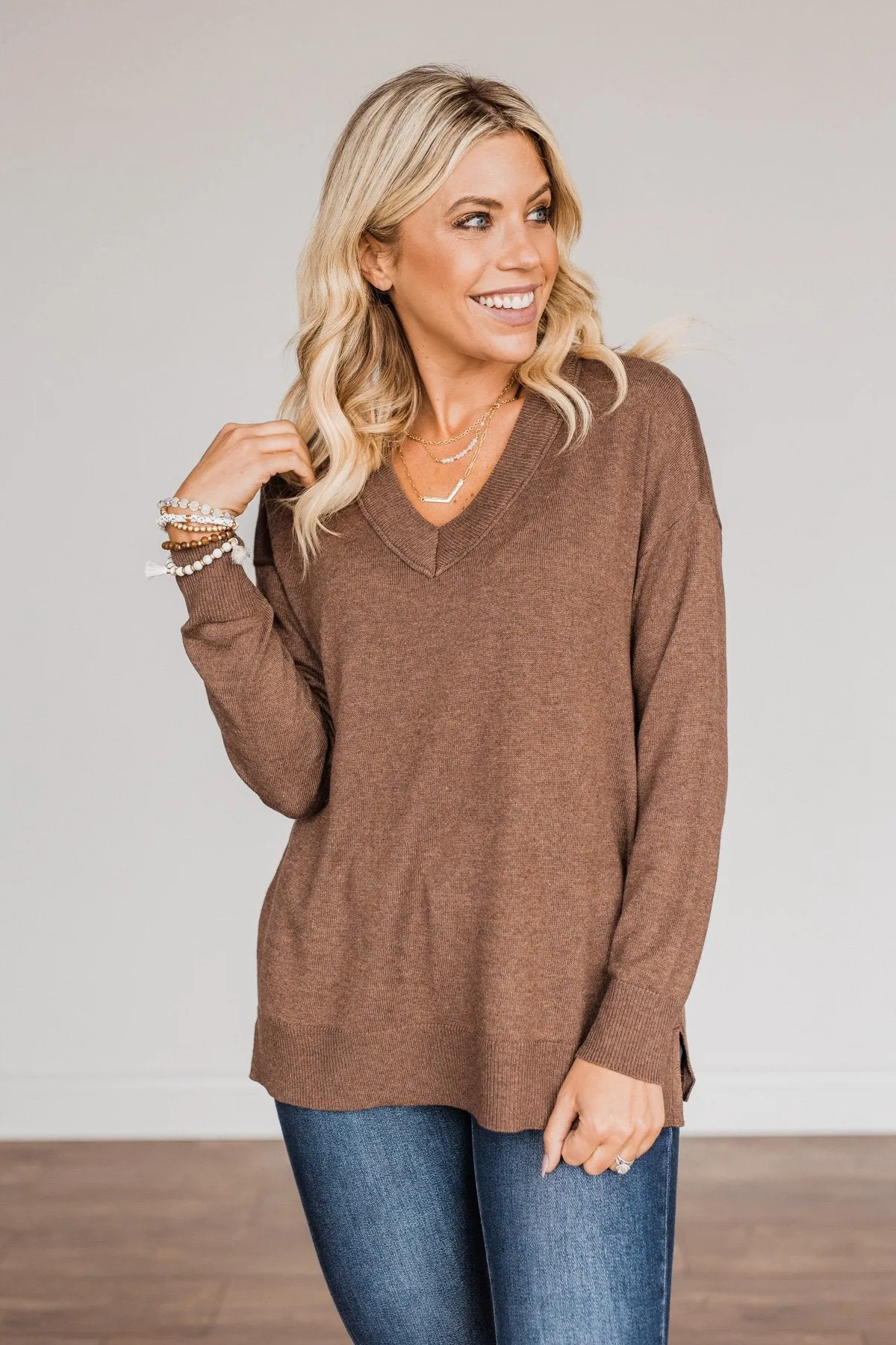 Hot Cocoa Heaven V-Neck Sweater- Dark Mocha