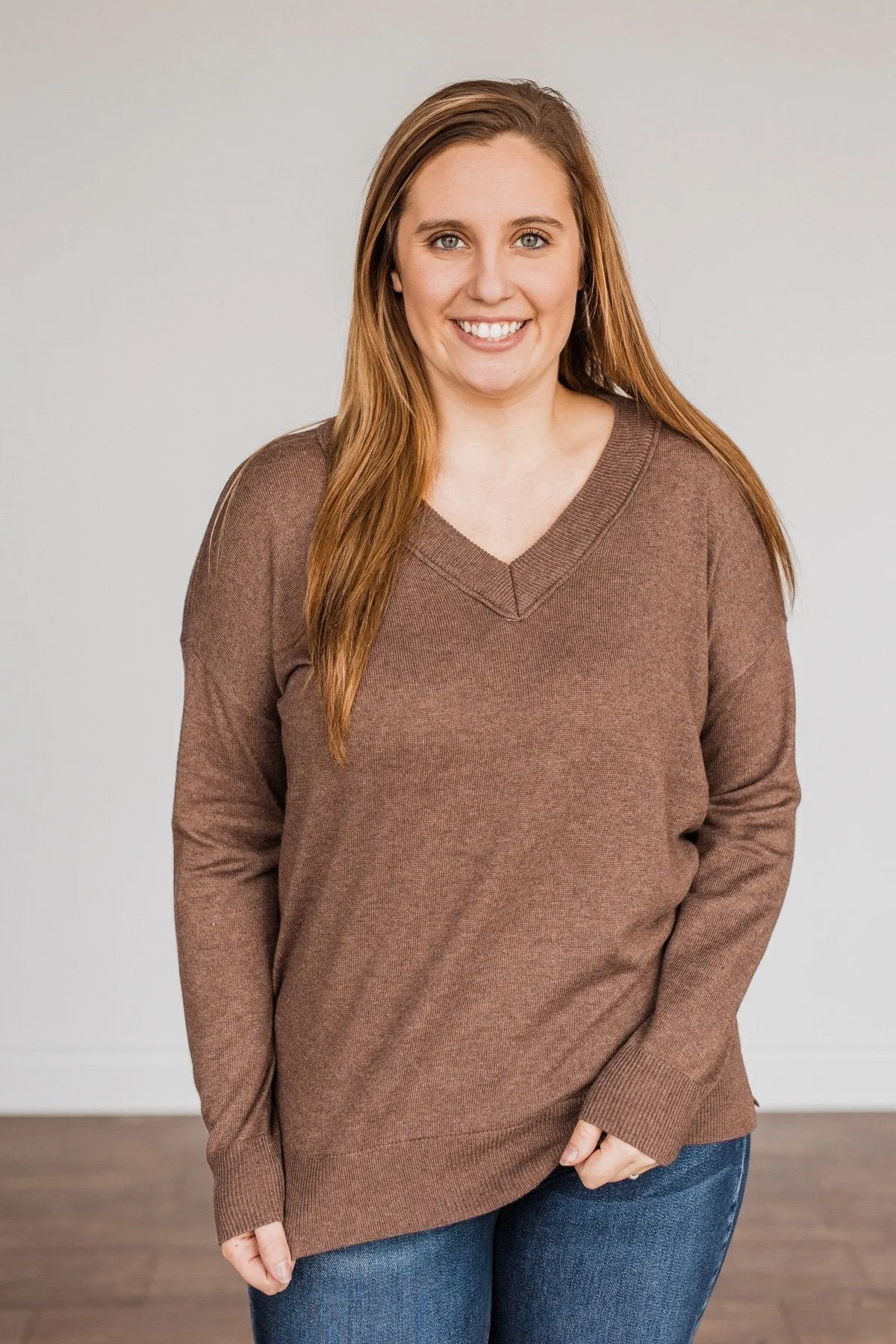 Hot Cocoa Heaven V-Neck Sweater- Dark Mocha