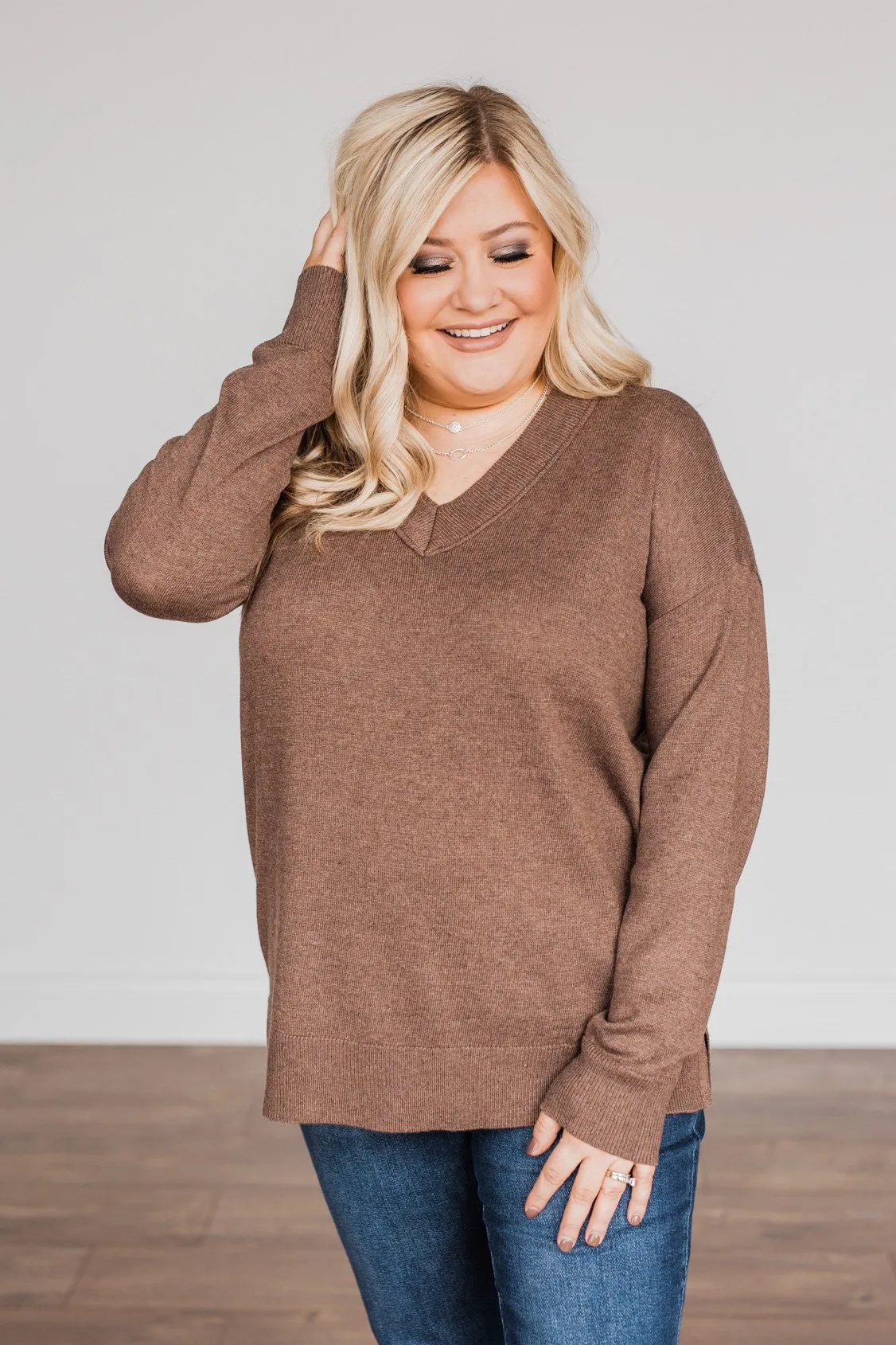 Hot Cocoa Heaven V-Neck Sweater- Dark Mocha