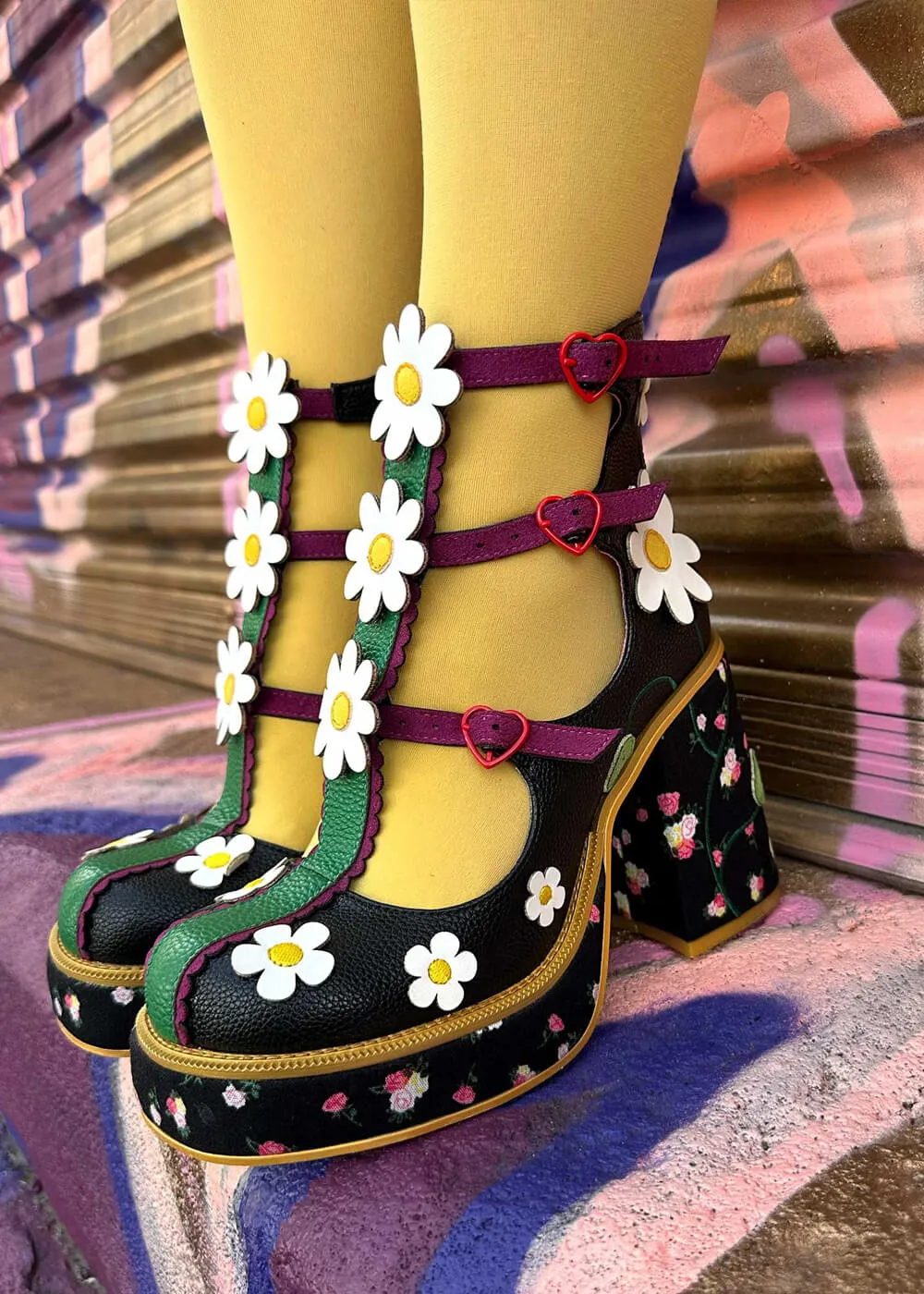 Irregular Choice Sunny Hunny Hazy Daisy Floral 60's Boots Black