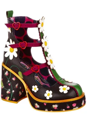 Irregular Choice Sunny Hunny Hazy Daisy Floral 60's Boots Black